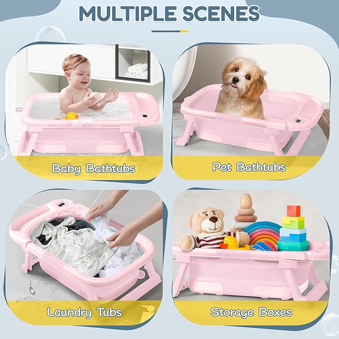 Collapsible Baby Bathtub,Baby Bath Tub with Thermometer & Soft Cushion,Baby Bathtub for Newborn to Toddler 0-36 Months,Portable Travel Baby Tub with No-Slip Feet,Baby Shower Gifts,Pure Pink