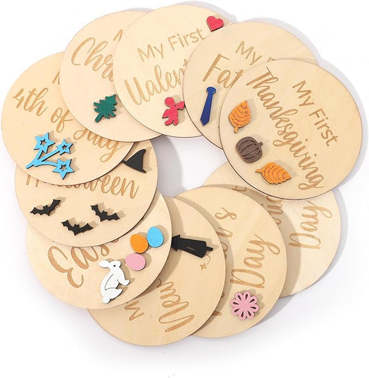 My First Holiday Milestone Cards - Baby First Holiday Wood Sign Baby Shower,Holiday Monthly Milestones,Baby First Halloween/Hanksgiving/Christmas/Valentine's Day/St. Patrick's Day/Easter