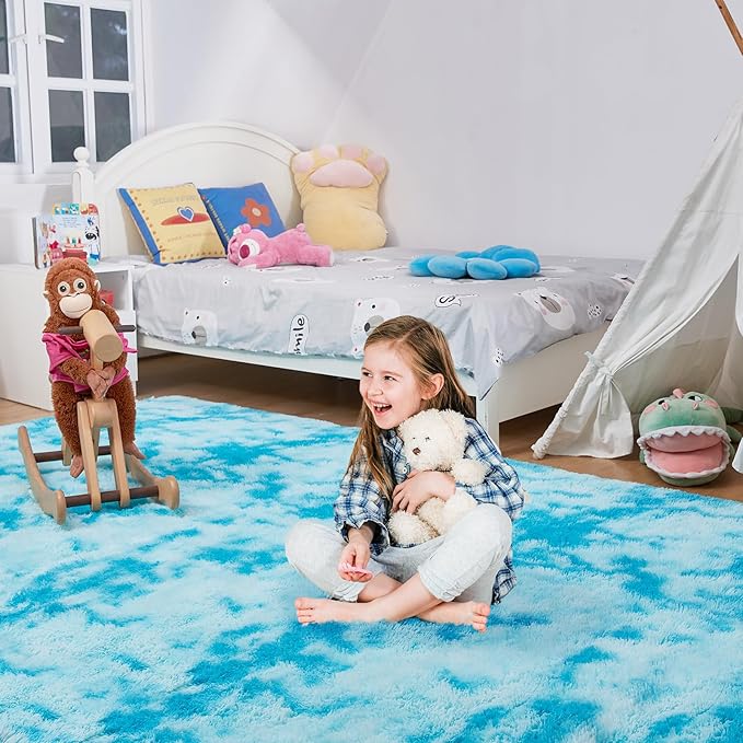 Luxury Shag Area Rug, 3X4 Indoor Ultra Soft Plush Rugs for Living Room, Carpet for Kids Boys Girls Dorm Nursery Home Decor Aesthetic, Upgrade Anti-Skid Durable, Tie-Dyed Blue