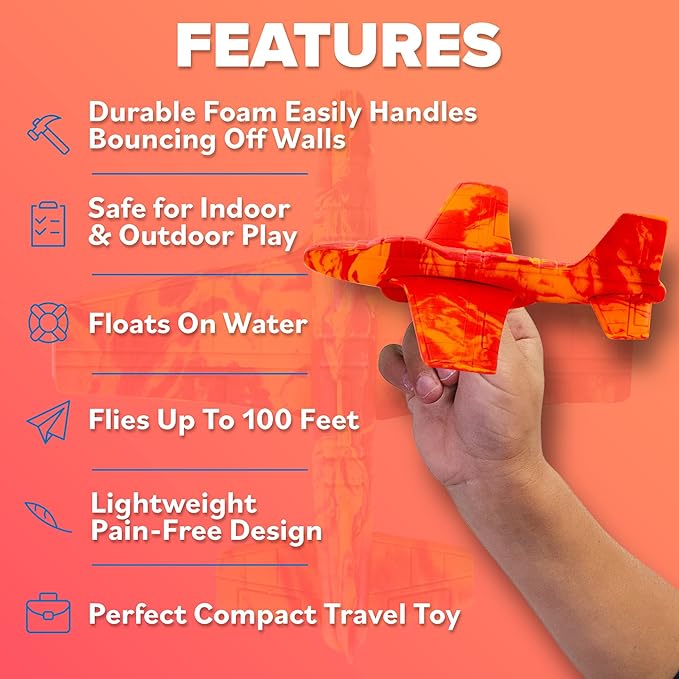 Airplane Toy Foam Glider Plane for Kids: Best Outdoor Beach Toys for Boys & Girls - Pool Toys for Kids & Fun Flying Gliders Easy Throwing Air Planes - 4 Year Old Boy Birthday Gift 5 6 7 8 9 2-4 8-13