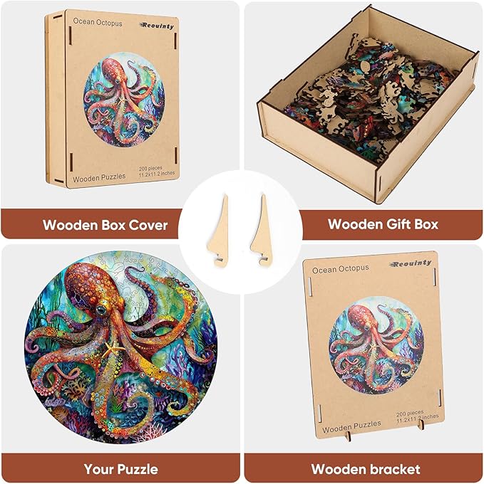 Wooden Puzzle for Adults 200pcs, Octopus Wooden Jigsaw Puzzles, Unique Shape Animal Adult Puzzles, Irregular Wood Puzzles Best Gift for Adults and Kids Family Game(11.2 * 11.2 in)