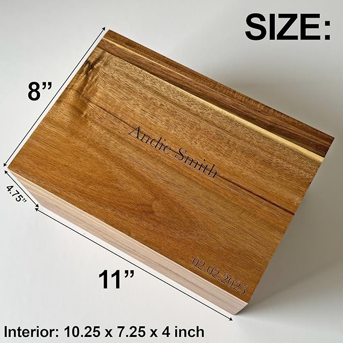 Wooden Keepsake Box Large - Personalized Memory Box, Acacia Wood Chest with Lid, Engraved Hidden Message, Decorative Memorabilia Boxes for Love Letters, Wedding Photos, Rustic Storage, 11x8x4.75 in