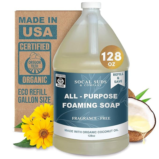 SoCal Suds & Company 128oz Certified Organic Foaming Hand & Body Wash - Gentle Natural Body,Baby & Face Wash for Sensitive Skin, Moisturizing All-Purpose Foaming Soap & More - Fragrance Free