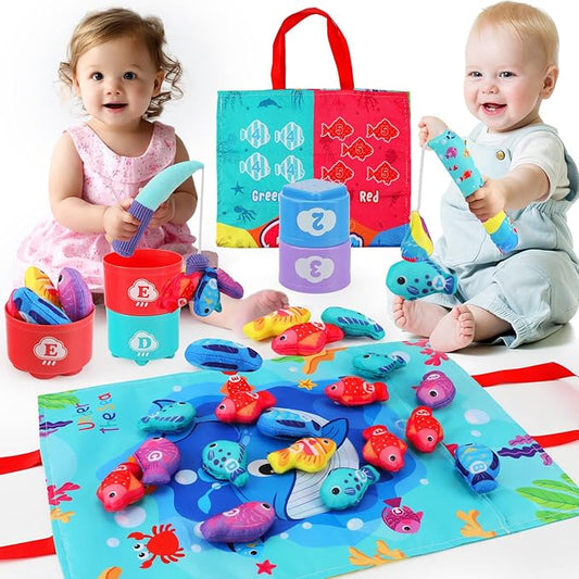 Montessori Cloth Fishing Game Toy for Kids, 23PCS Stacking Cups with Numbers Counting, Color Sorting & Shape Learning, Toddler Educational Toys for Babies, Birthday Easter Gift for Boys Girls