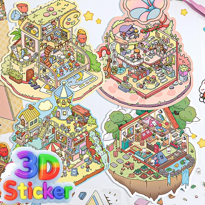 DIY 3D Sticker Scene，8 Sets Pack（600+） Large-Sized, Reusable Sticker Book, Cute Sets for Free Combination, Waterproof for Anywhere, Crafts Party Favors Birthday Gift