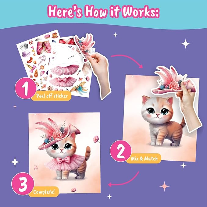 Sticker Dress Up Kitten - Kids Activity Book Learn Fashion Design for Kitten with Guides and 270+ Reusable Stickers. Gift for Girls Ages 5,6,7,8