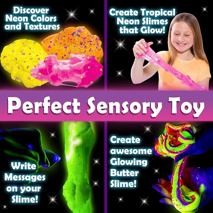 Original Stationery Tropical Glow in The Dark Slime Kit - Multicolor - for Girls & Boys Ages 7 Years and Up - Includes Glow Powder, Foam Beads & Glitter for Neon, Crunchy & Jelly Cube Slimes