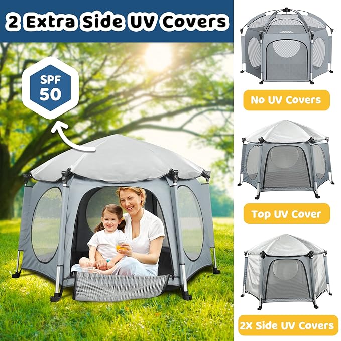 PRObebi Portable Pop Up Playpen for Babies and Toddlers - Grey Lightweight Outdoor Play Yard with Three Sun-Shade - Beach and Indoor Use with Travel Bag