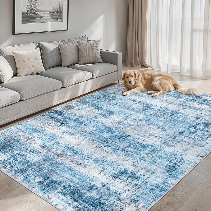 Area Rugs Living Room Rug - 4x6 Washable Modern Abstract Soft Neutral Non-Slip Carpet Large Indoor Floor Thin Carpets for Bedroom Dining Room Farmhouse Nursery Home Office Blue Grey