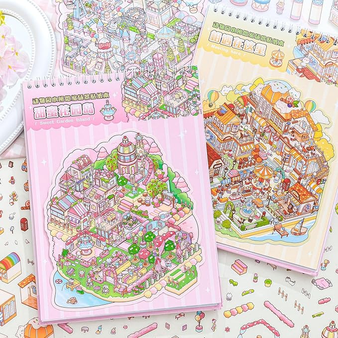 Sticker Therapy 3D Scene – 6 Sets Large Size DIY 3D Sticker Scenes with Tweezer for Adults Kids Relief Stress Pass The Time, Cute Miniature House Room Material Collection Book 02