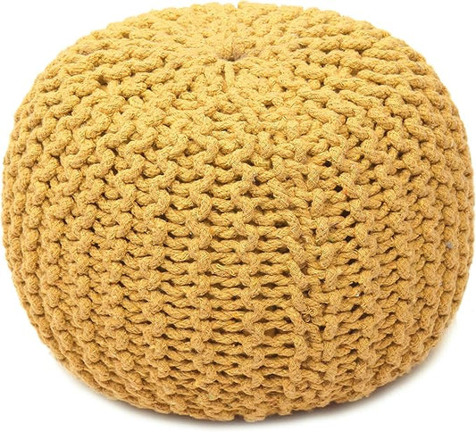 The Home Talk Poufs Boho Rustic Décor Ottoman 100% Cotton Foot Stool for Couch, Armchair, Bean Bag - Hand Knitted Braid Cord for Living Room, Bedroom, Floor Cushion, 18"x18"x14" - Yellow