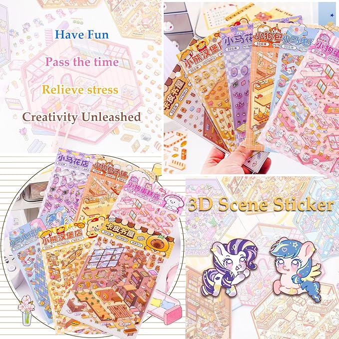 DIY 3D House Sticker, 6 Sets of Sticker Make Your Own Mini Shop Scenes Stickers for Kids Kawaii Cartoon Scene Stickers for Adult Relief Stress Pass The Time