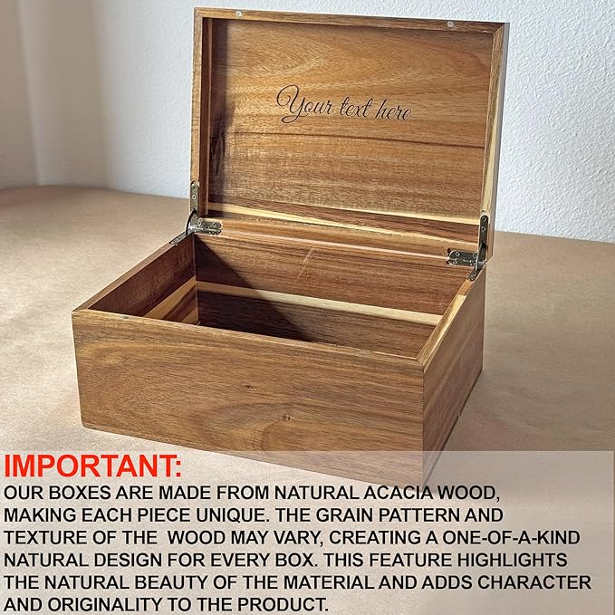Wooden Keepsake Box Large - Personalized Memory Box, Acacia Wood Chest with Lid, Engraved Hidden Message, Decorative Memorabilia Boxes for Love Letters, Wedding Photos, Rustic Storage, 11x8x4.75 in
