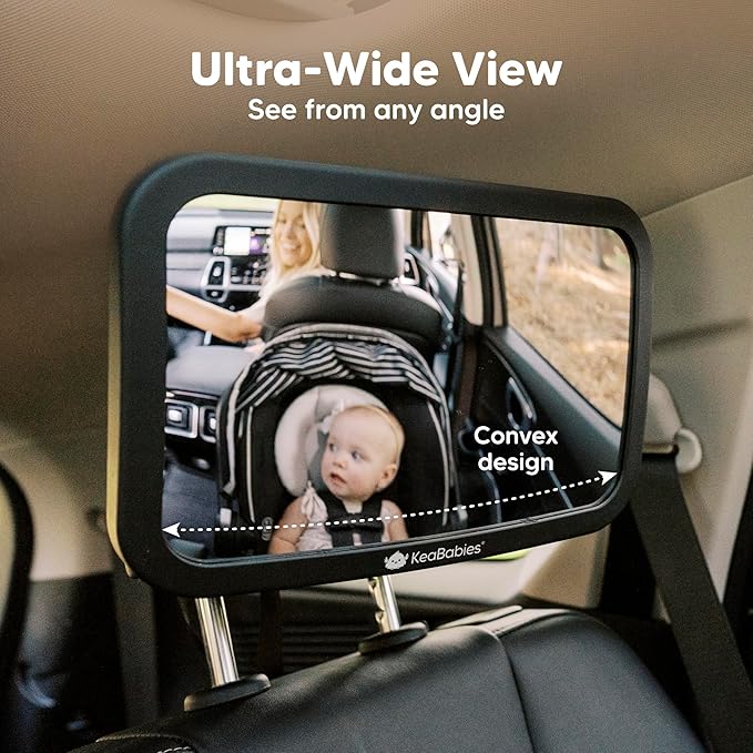 Large Shatterproof Baby Car Mirror, Backseat - Safety Car Seat Mirror for Baby Rear Facing, 360 Wide Crystal Clear View, Accessories for Removable Headrest, Easy Install & Adjustable (Sleek Black)