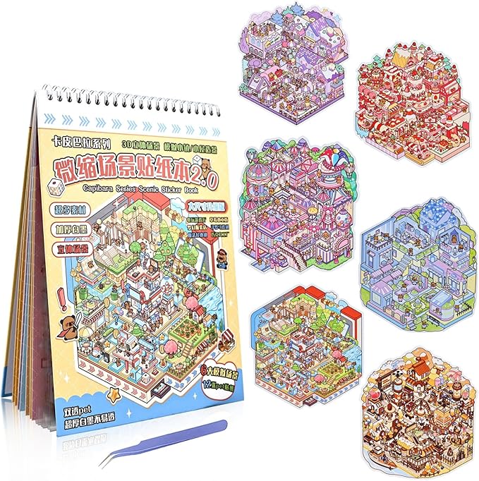 Sticker Therapy 3D Scenes – 6 Sets Large Size DIY 3D Sticker Scene with Tweezer for Adults & Kids Relief Stress Pass The Time, Cute Miniature House & Room Material Collection Book 01